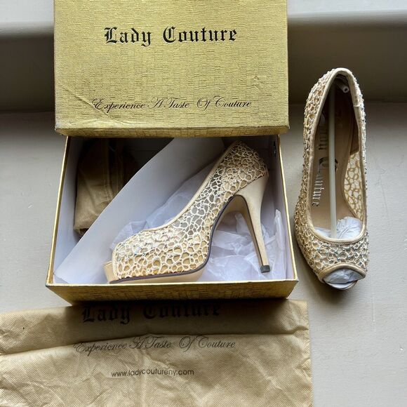 Lady Couture Ivy Peep Toe Gold Lace Mesh Stiletto Heels NIB Women’s EU 39 US 8 - Picture 4 of 16